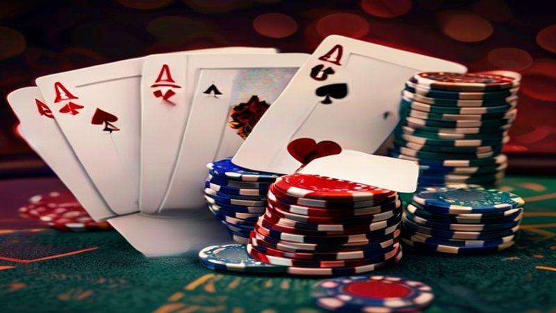 Bàn Poker Texas Hold'em với bài chung và bài riêng của người chơi